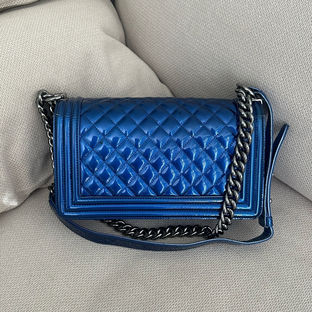 CHANEL Quilted Patent Calfksin LeBoy Flap Bag Old Medium Blue - Picture 6 of 14